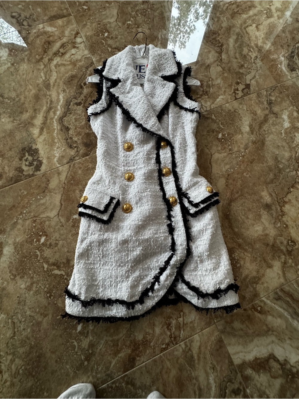 Balmain White Tweed Sleeveless Coat Dress with Black Fringe and Gold Buttons